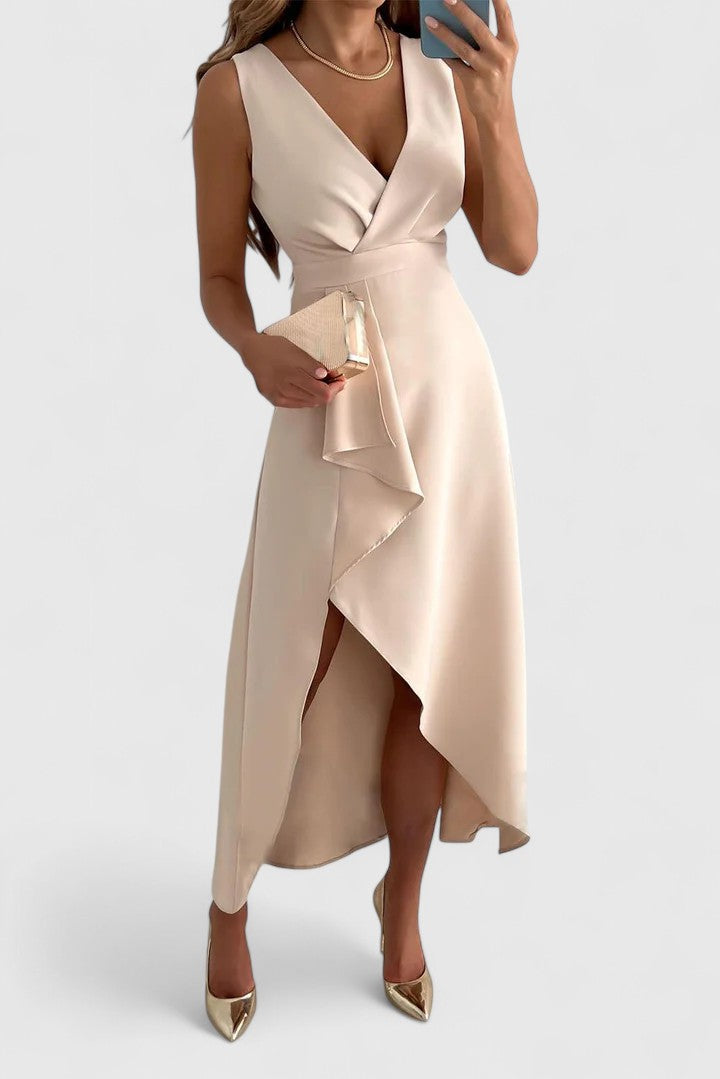 Delviera | Chic Wrap Midi Dress with Asymmetrical Hem