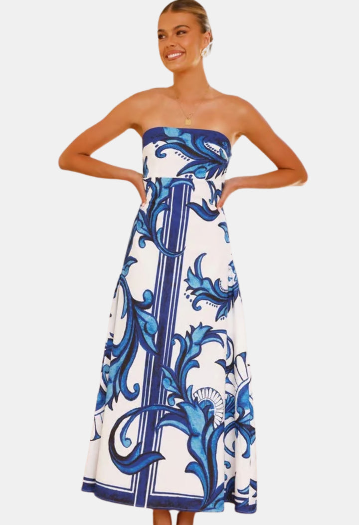 Delyndara | Wedding Guest Strapless Printed Maxi Dress