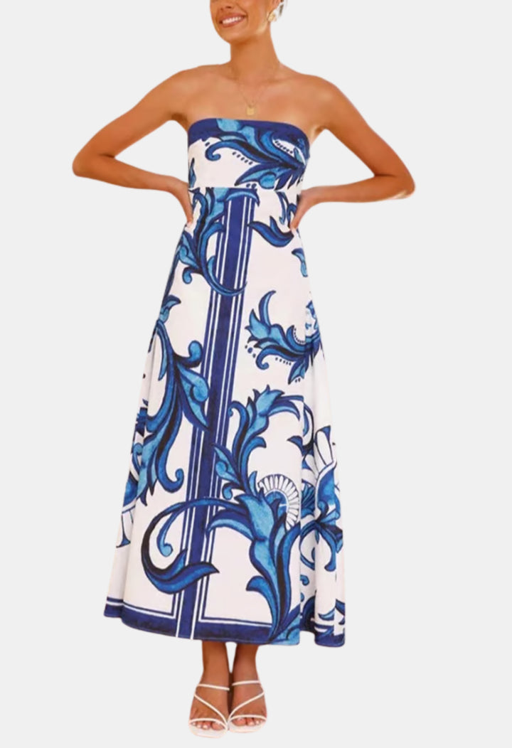 Delyndara | Wedding Guest Strapless Printed Maxi Dress