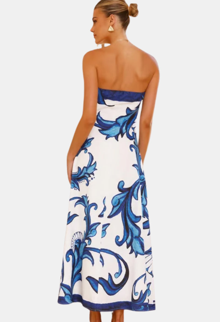 Delyndara | Wedding Guest Strapless Printed Maxi Dress