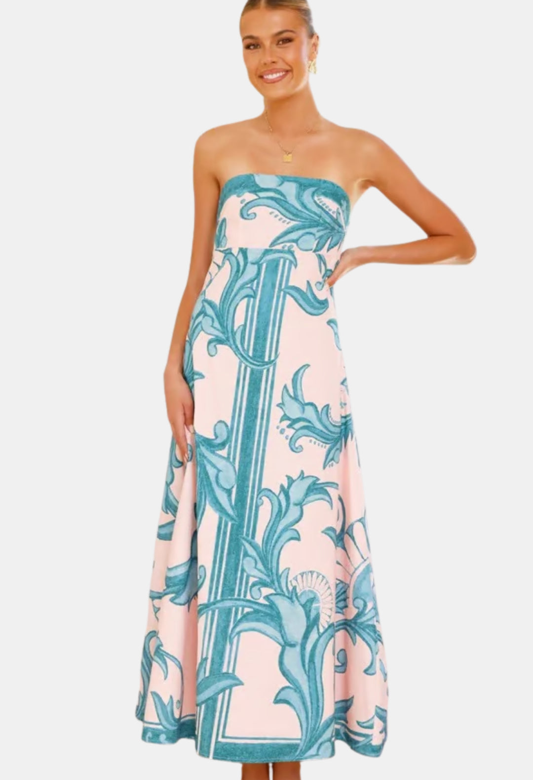Delyndara | Wedding Guest Strapless Printed Maxi Dress