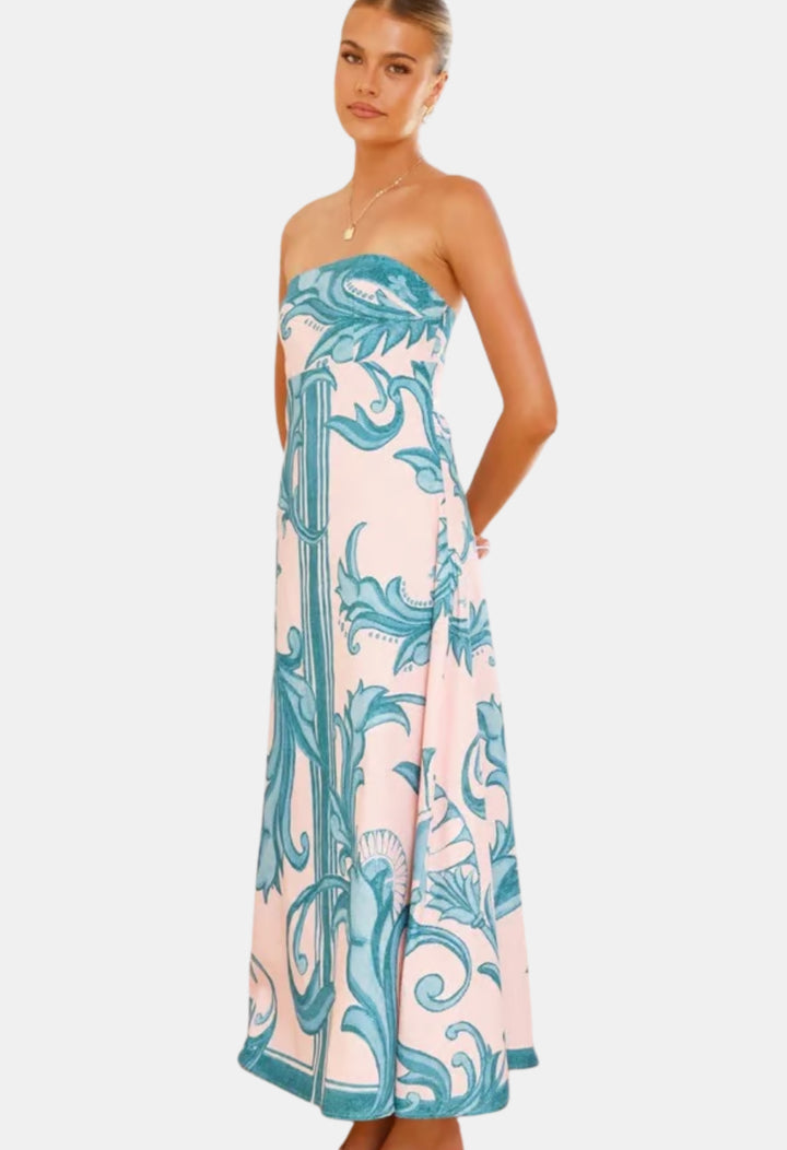 Delyndara | Wedding Guest Strapless Printed Maxi Dress