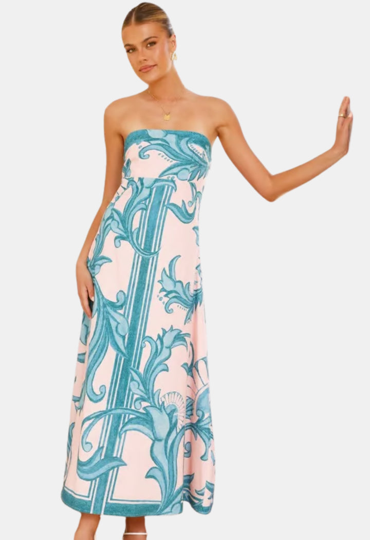Delyndara | Wedding Guest Strapless Printed Maxi Dress