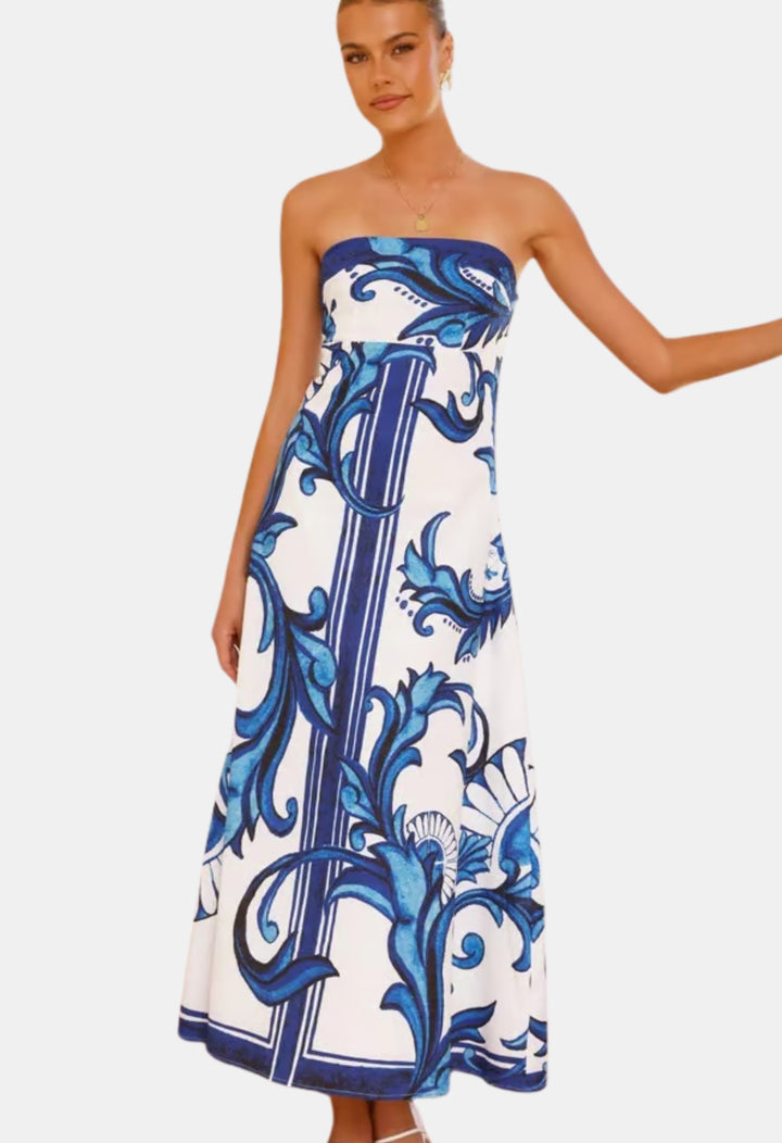 Delyndara | Wedding Guest Strapless Printed Maxi Dress
