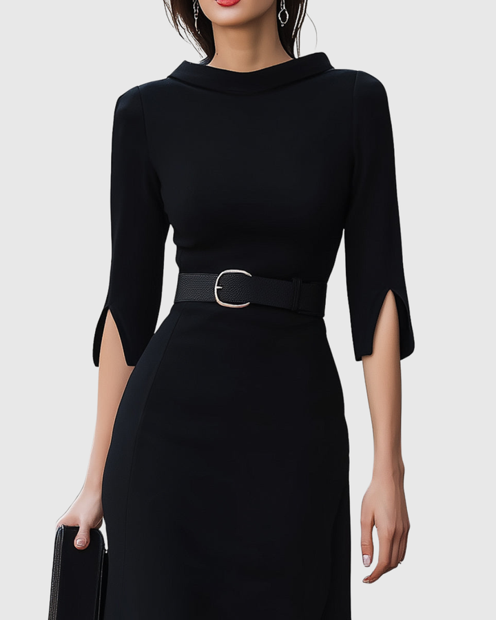 Delyra | Elegant Midi Dress with Belted Waist