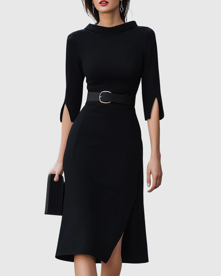 Delyra | Elegant Midi Dress with Belted Waist