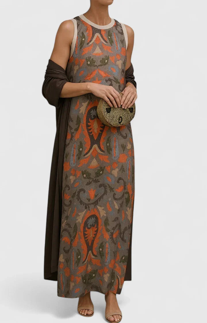 Delyvora | Elegant Printed Maxi Dress with Matching Shawl