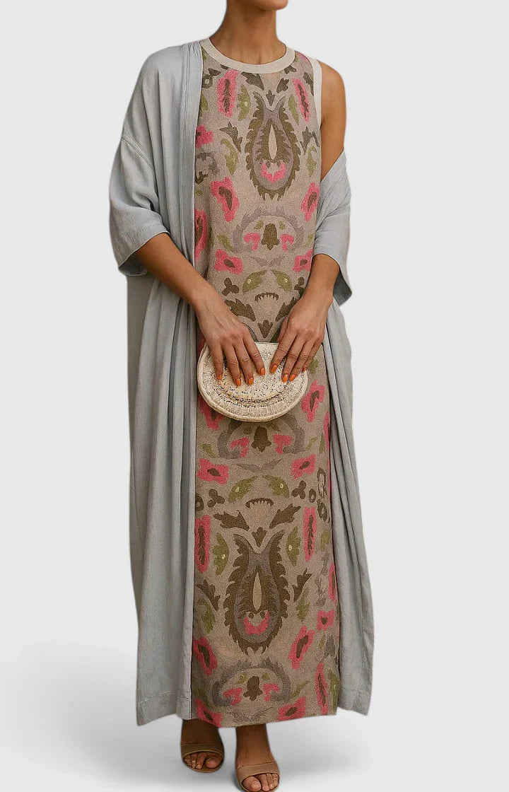 Delyvora | Elegant Printed Maxi Dress with Matching Shawl