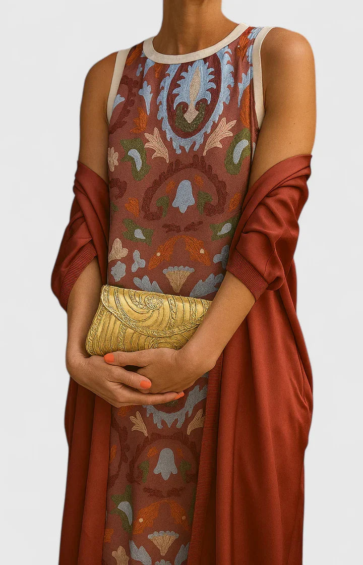 Delyvora | Elegant Printed Maxi Dress with Matching Shawl