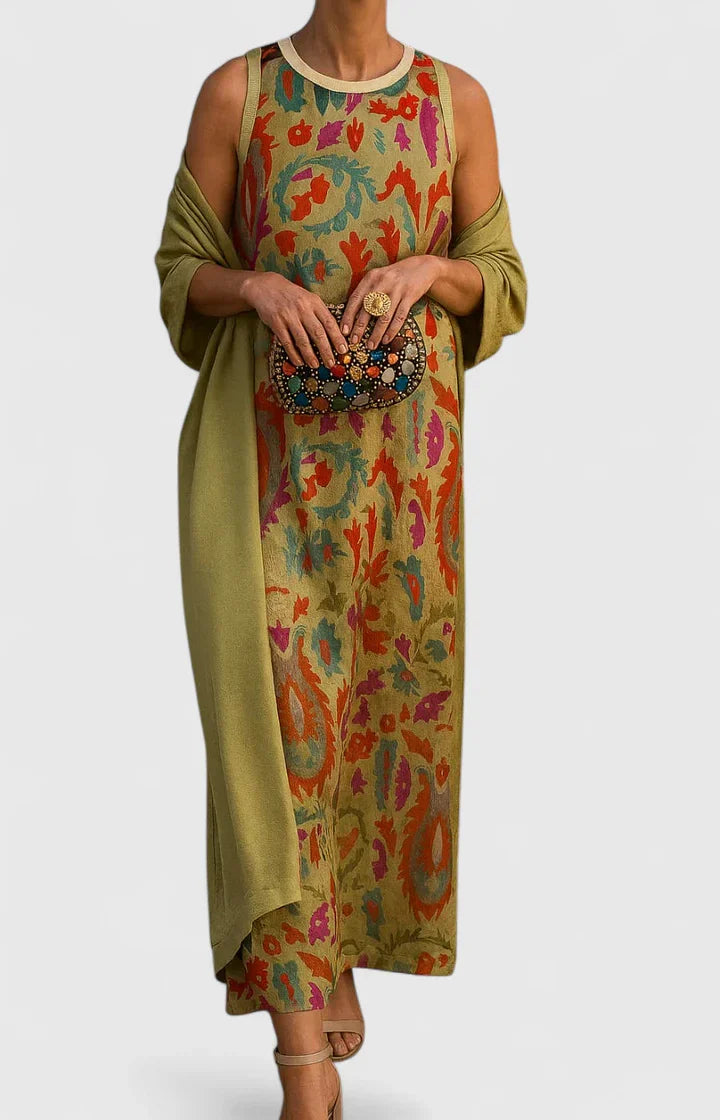 Delyvora | Elegant Printed Maxi Dress with Matching Shawl