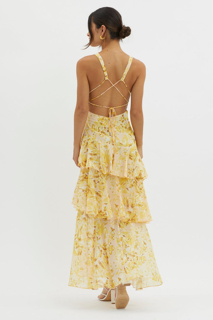 Delyvora | Tiered Ruffle Midi Dress with V-Neck