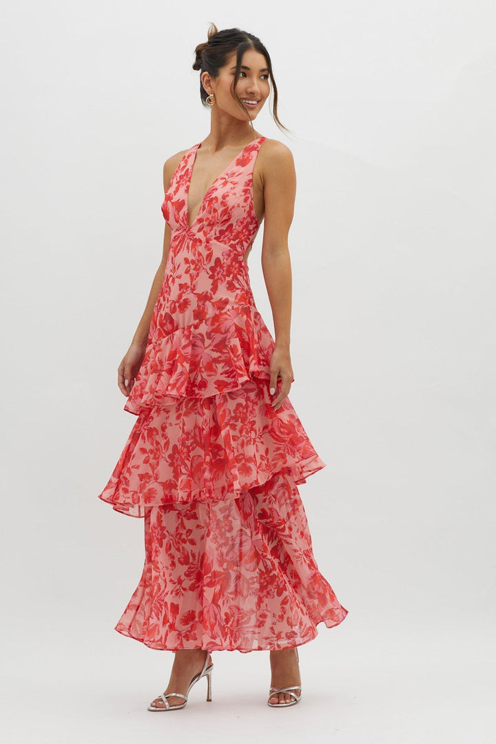 Delyvora | Tiered Ruffle Midi Dress with V-Neck