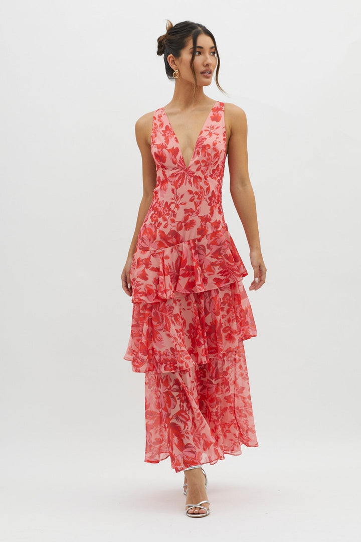 Delyvora | Tiered Ruffle Midi Dress with V-Neck