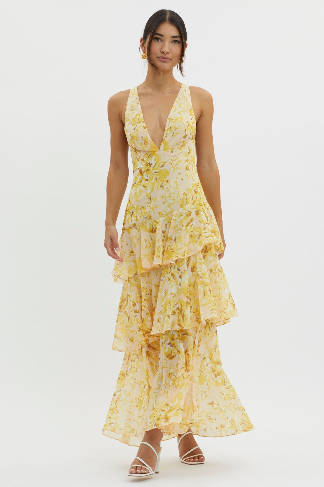Delyvora | Tiered Ruffle Midi Dress with V-Neck