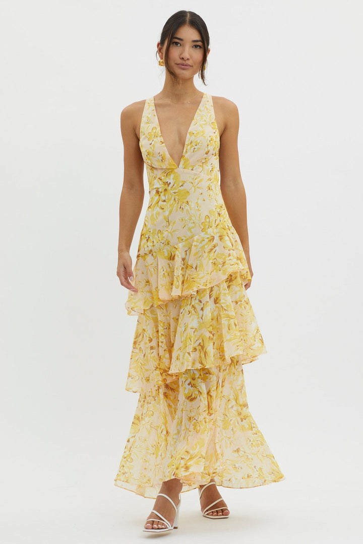 Delyvora | Tiered Ruffle Midi Dress with V-Neck
