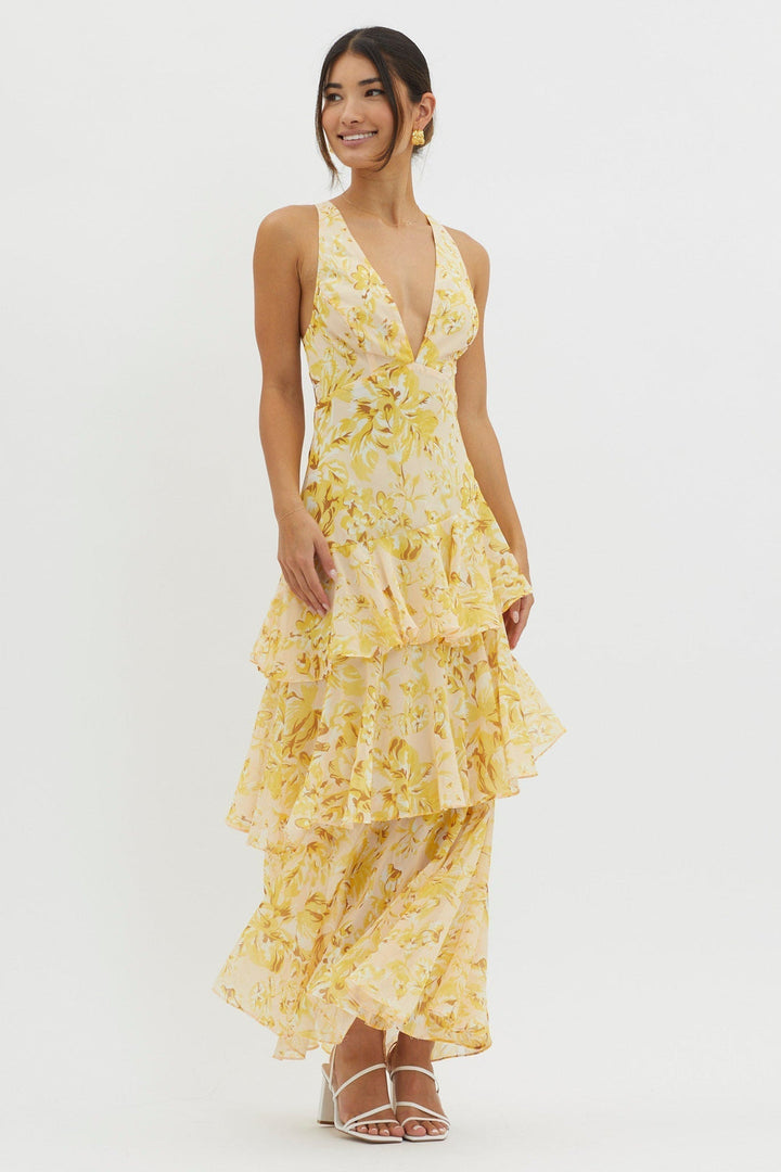 Delyvora | Tiered Ruffle Midi Dress with V-Neck