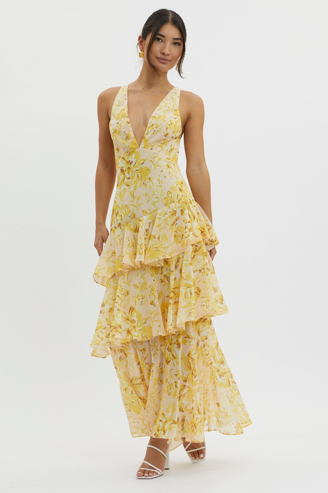 Delyvora | Tiered Ruffle Midi Dress with V-Neck