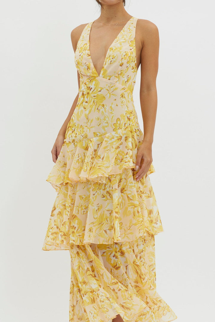Delyvora | Tiered Ruffle Midi Dress with V-Neck