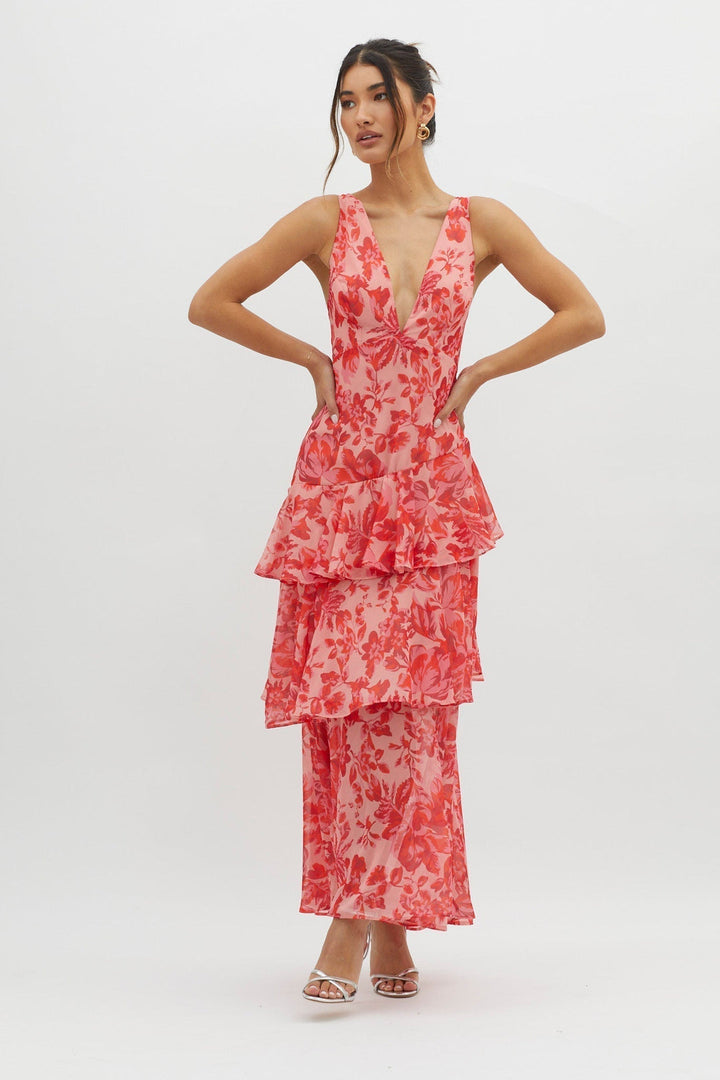 Delyvora | Tiered Ruffle Midi Dress with V-Neck