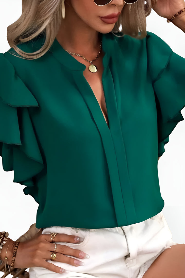 Devira | Ruffle Sleeve Blouse with V Neck