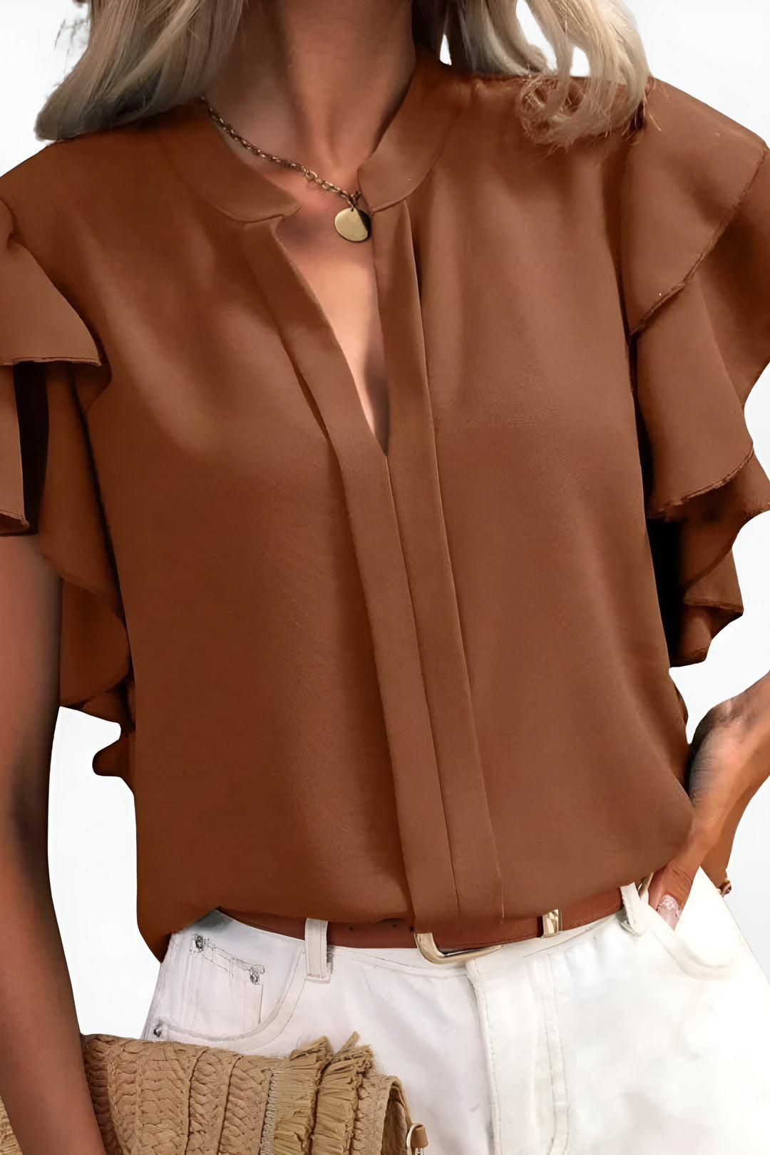 Devira | Ruffle Sleeve Blouse with V Neck