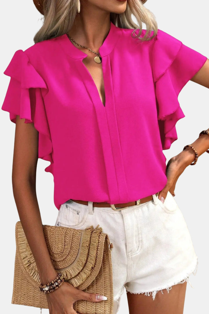 Devira | Ruffle Sleeve Blouse with V Neck