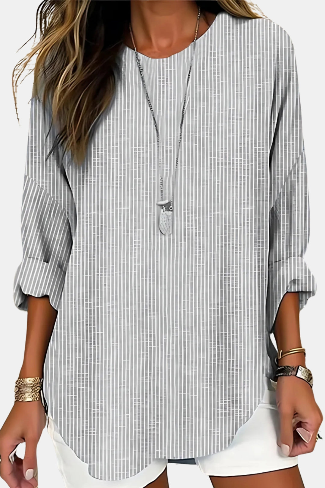 Devynia | Striped Long Sleeve Blouse with Round Neck
