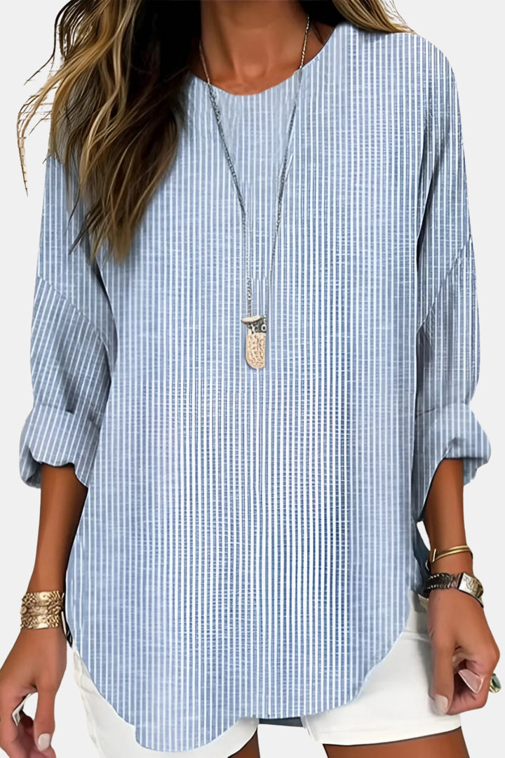 Devynia | Striped Long Sleeve Blouse with Round Neck