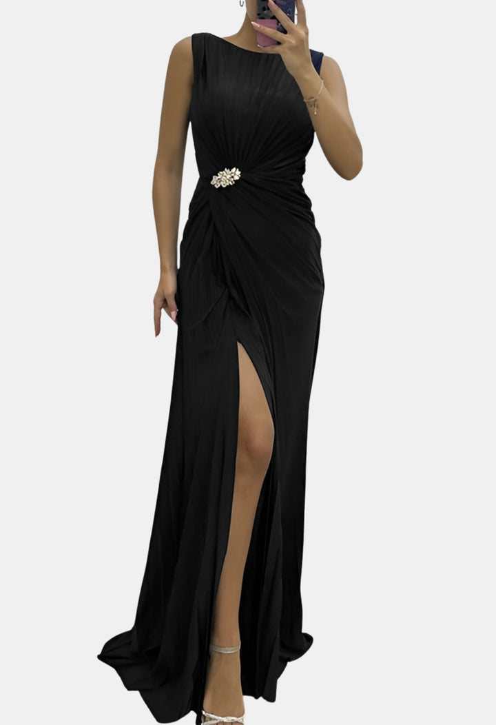 Dorynza | Wedding Guest Pleated Maxi Dress with Side Slit