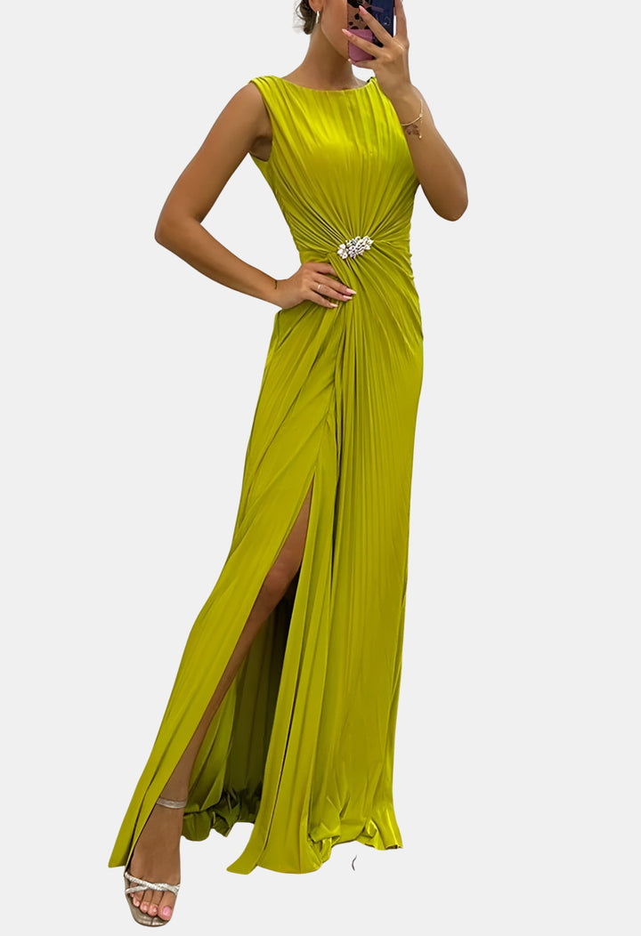 Dorynza | Wedding Guest Pleated Maxi Dress with Side Slit