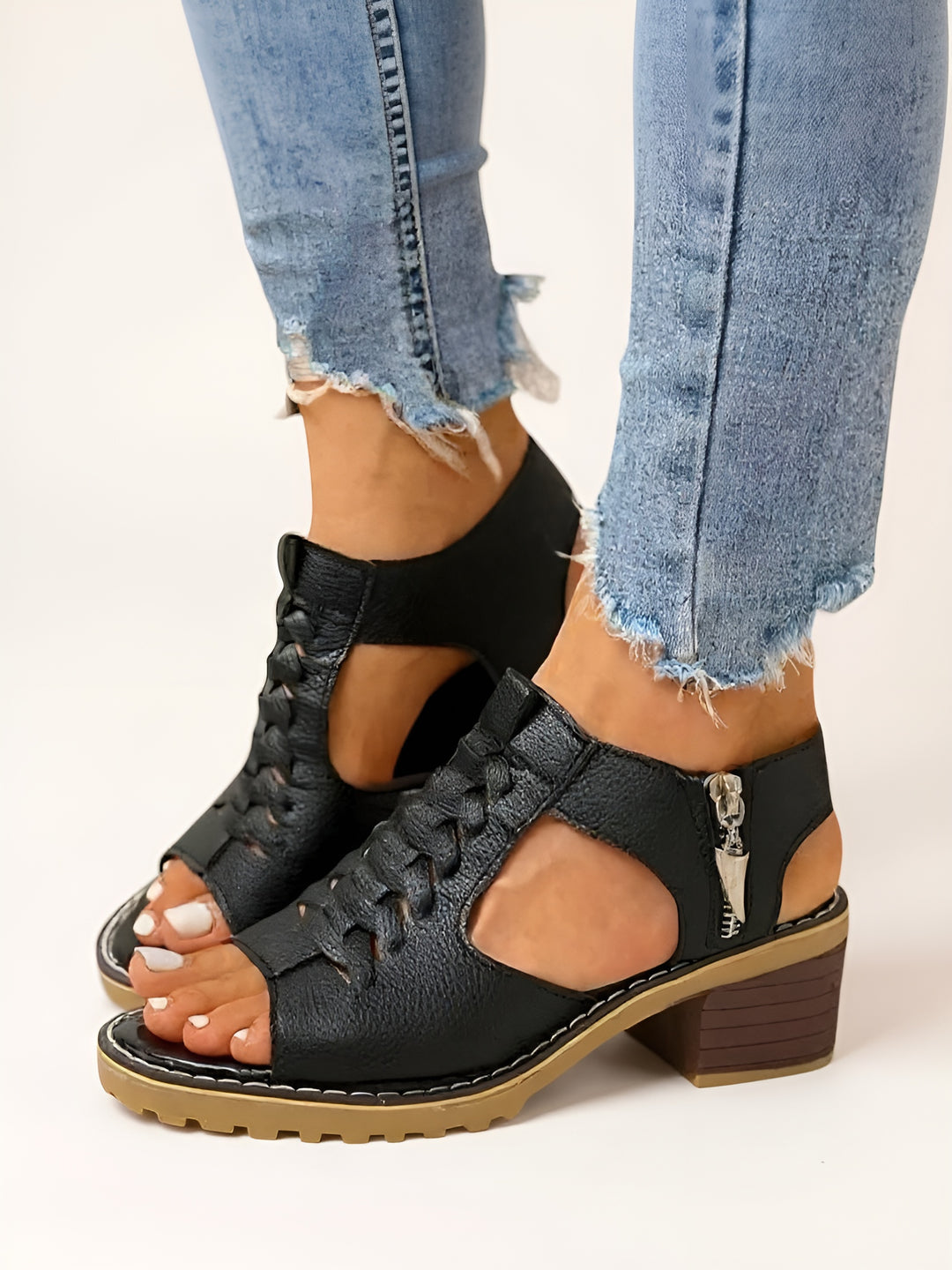 Durra | Cutout Sandals with Block Heel and Zip Detail