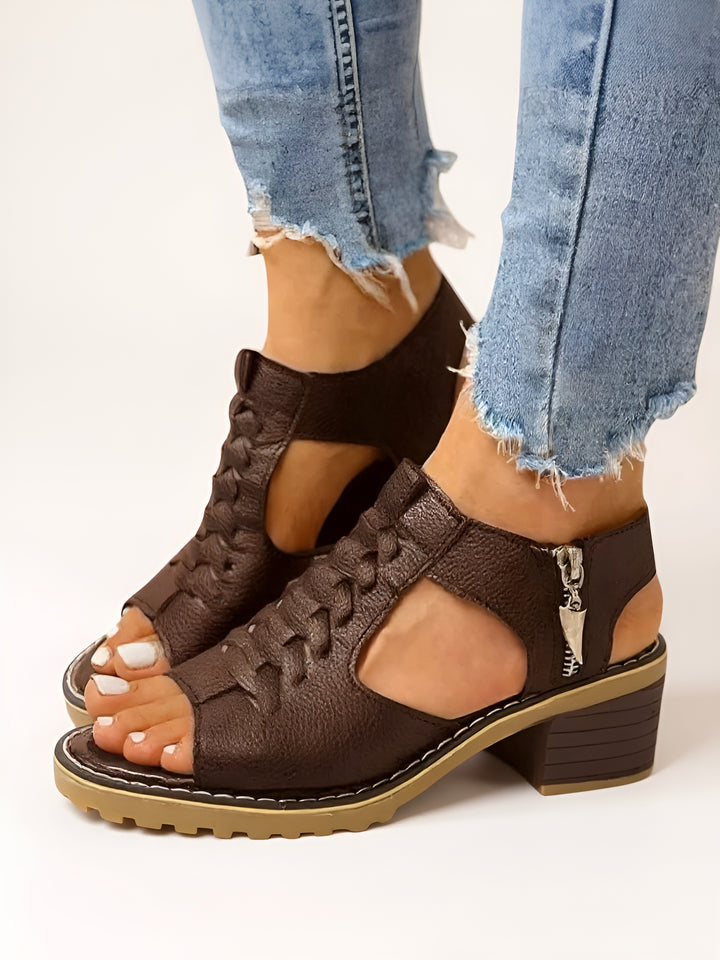 Durra | Cutout Sandals with Block Heel and Zip Detail