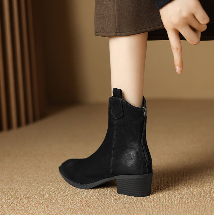 Elara | Pointed Toe Mid Heel Ankle Boots