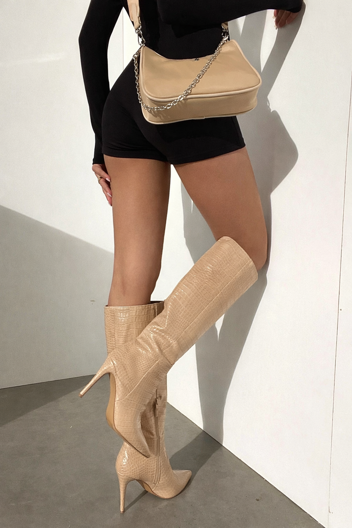 Elinor | Croc Embossed Knee High Boots with Stiletto Heel