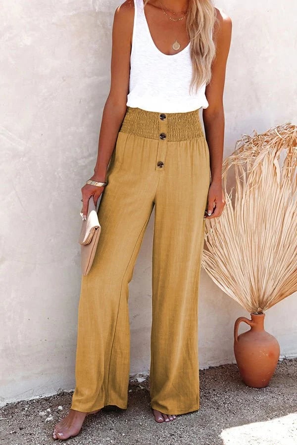 Elise | High Waist Wide Leg Pants with Button Detail