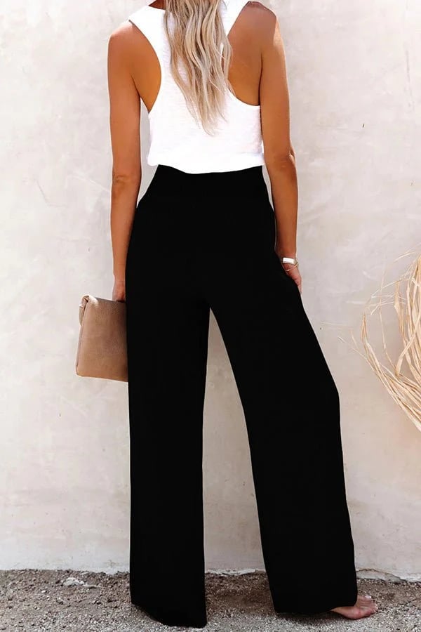 Elise | High Waist Wide Leg Pants with Button Detail