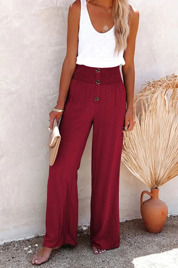 Elise | High Waist Wide Leg Pants with Button Detail