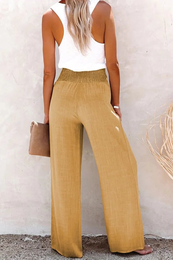 Elise | High Waist Wide Leg Pants with Button Detail