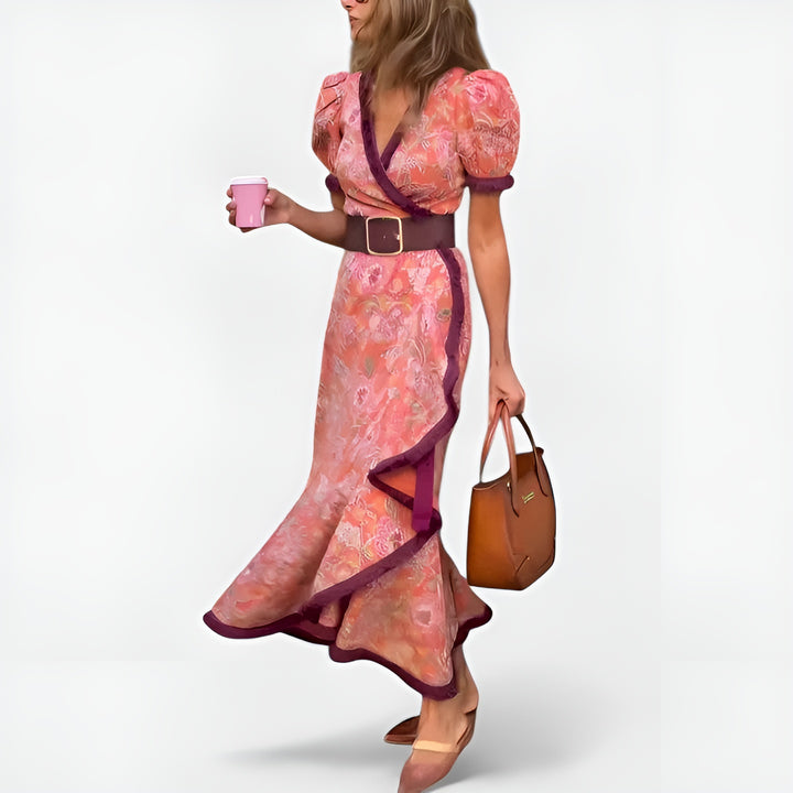 Elvoria | Chic Wrap Maxi Dress with Ruffle Trim