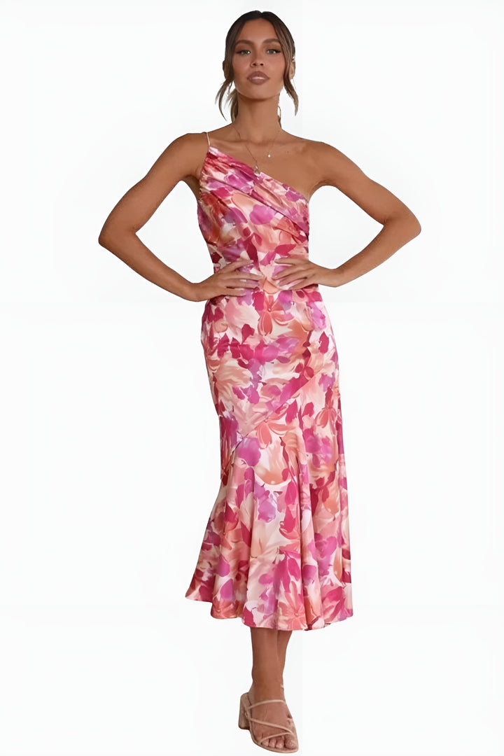 Elynvessa | Elegant One-Shoulder Floral Midi Dress