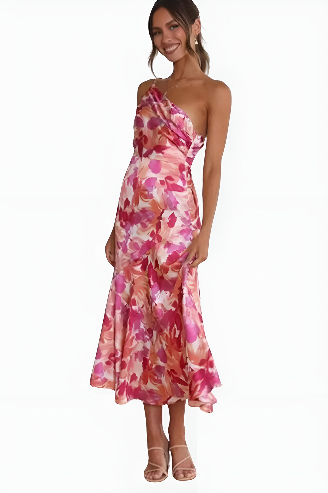 Elynvessa | Elegant One-Shoulder Floral Midi Dress