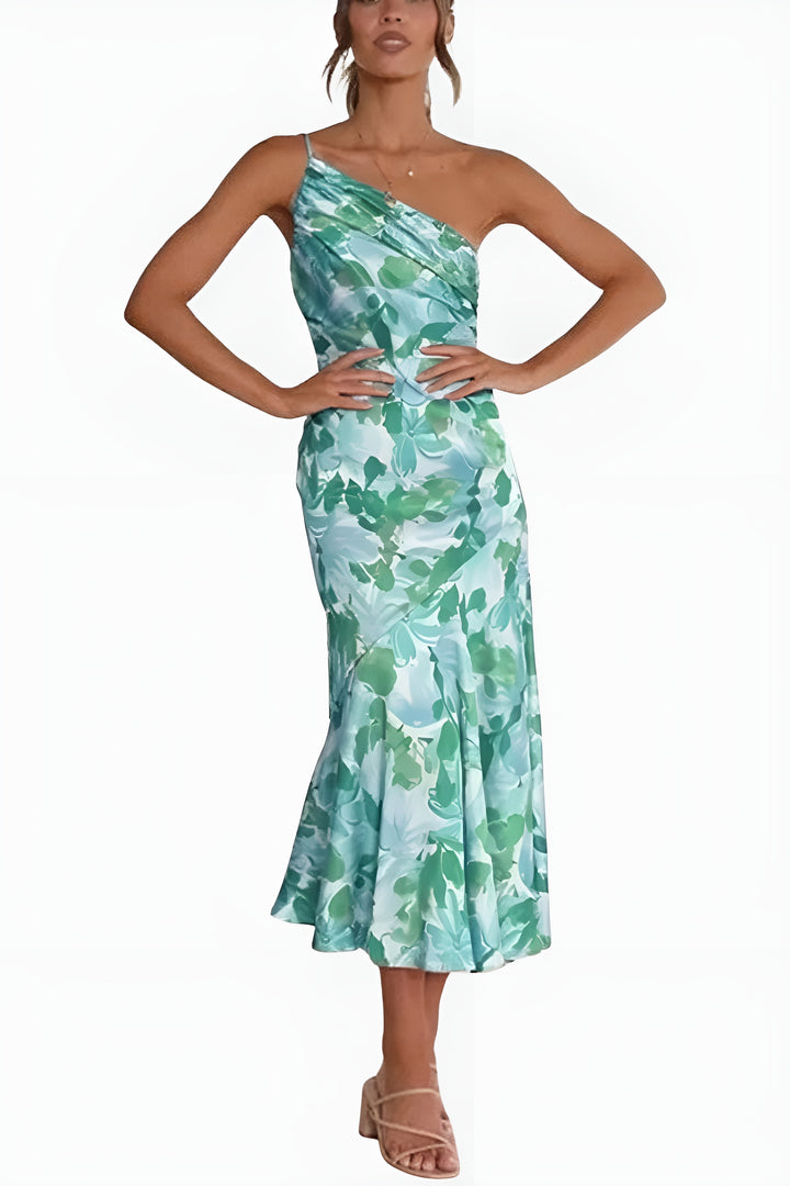 Elynvessa | Elegant One-Shoulder Floral Midi Dress
