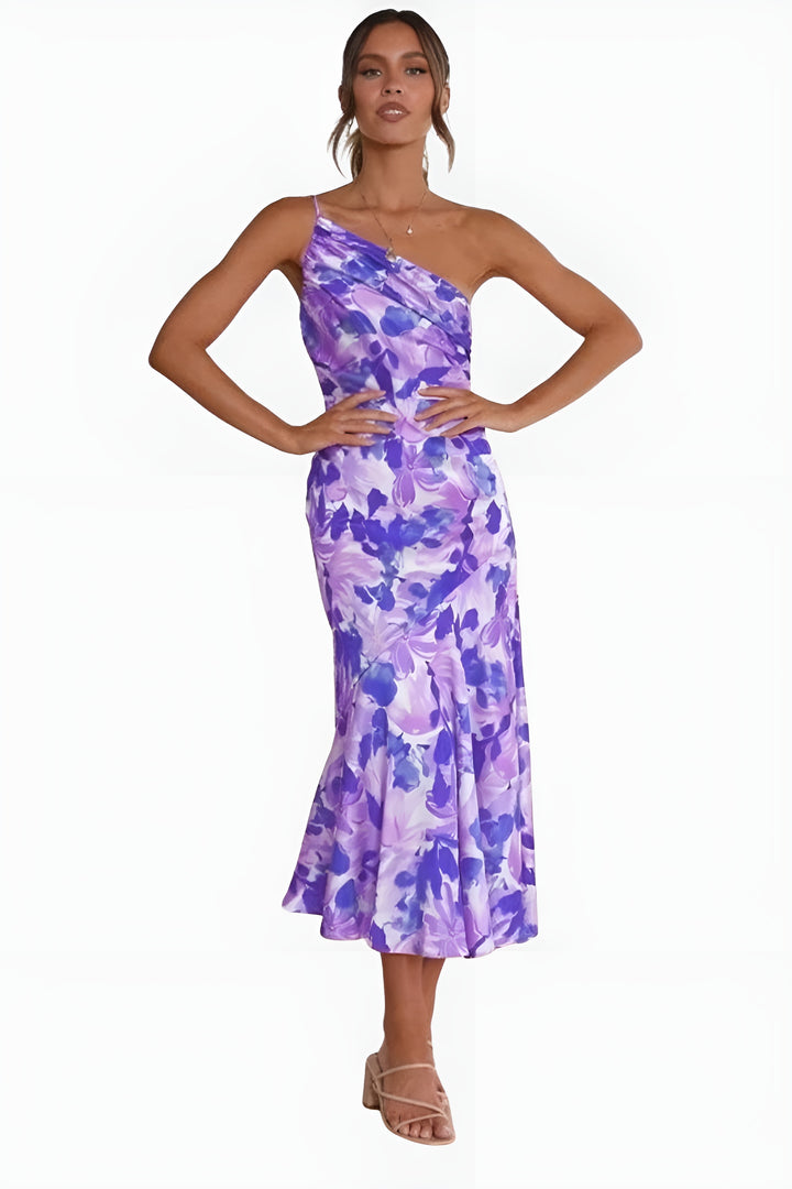 Elynvessa | Elegant One-Shoulder Floral Midi Dress