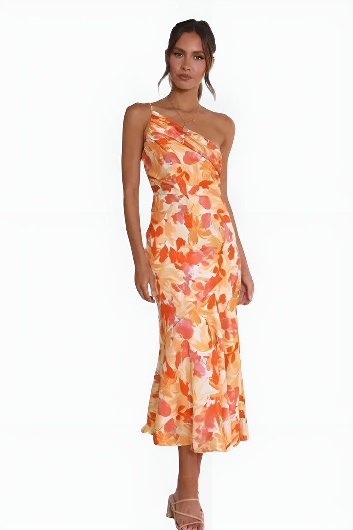 Elynvessa | Elegant One-Shoulder Floral Midi Dress