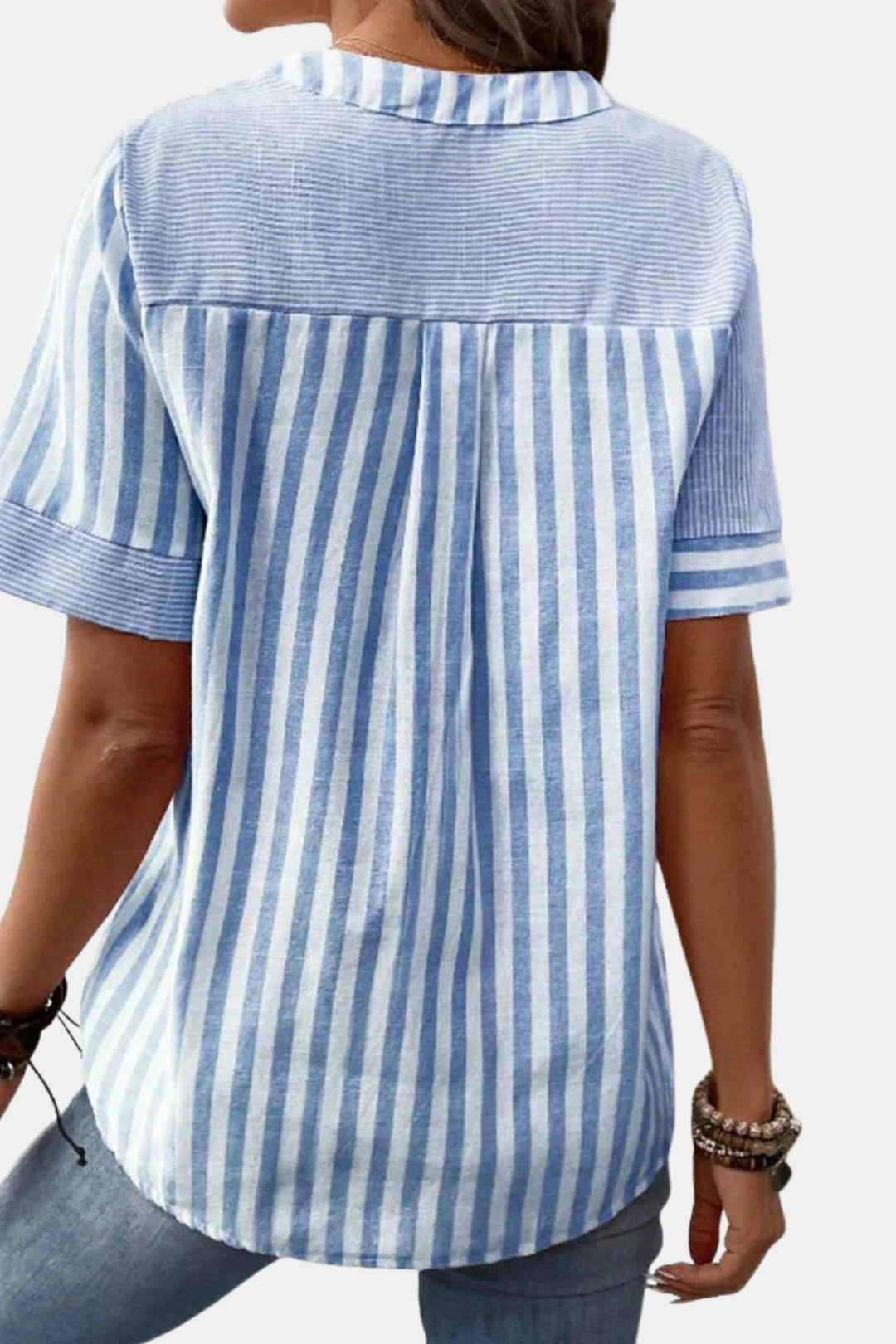 Emberlynn | Striped Short Sleeve Blouse with Button Neck
