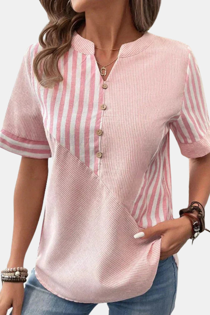 Emberlynn | Striped Short Sleeve Blouse with Button Neck