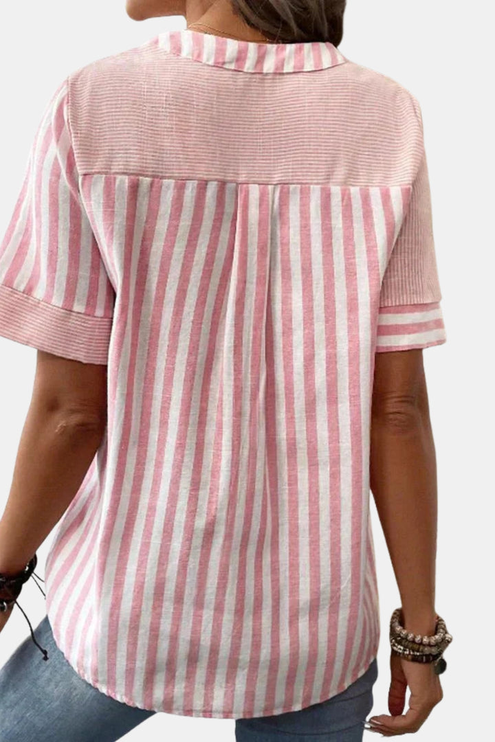 Emberlynn | Striped Short Sleeve Blouse with Button Neck
