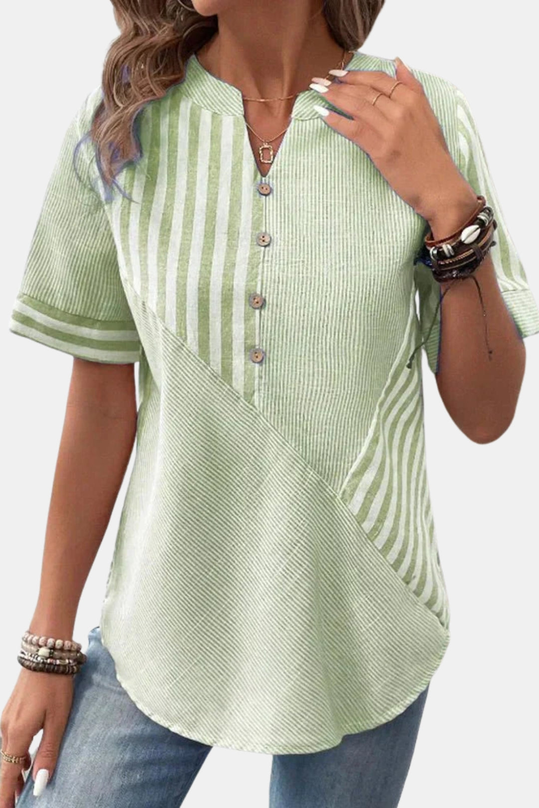 Emberlynn | Striped Short Sleeve Blouse with Button Neck