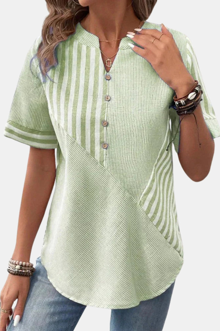 Emberlynn | Striped Short Sleeve Blouse with Button Neck