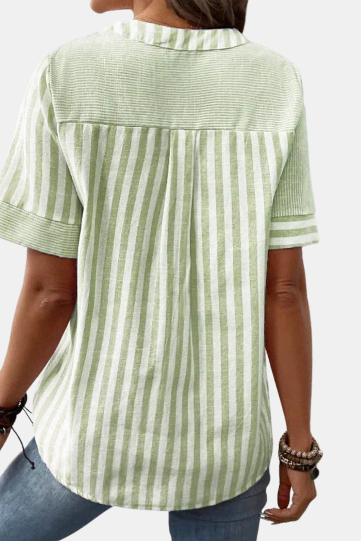 Emberlynn | Striped Short Sleeve Blouse with Button Neck